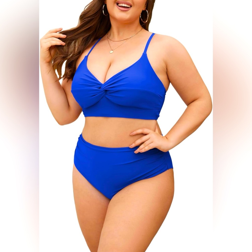 Womens High Waisted Push Up Royal Blue Bikini With Tummy Control Size L